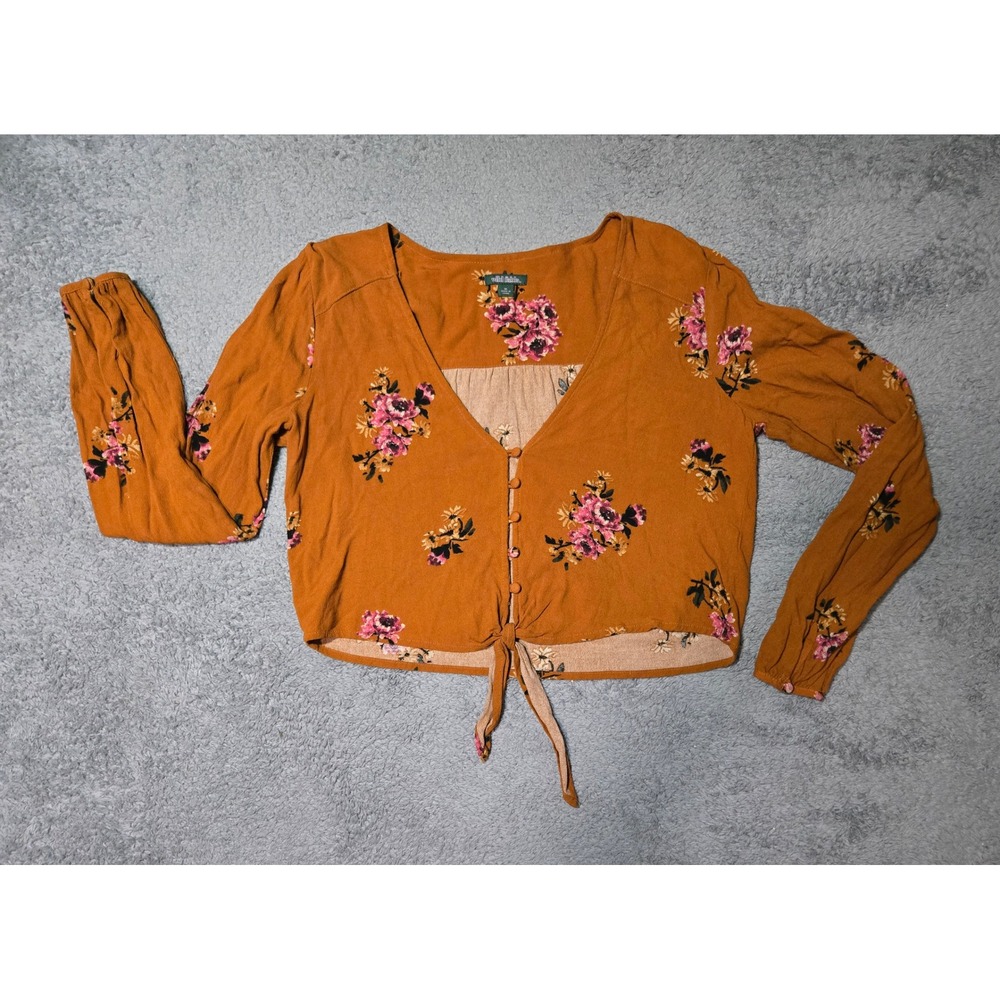 Wild Fable Women's Floral Print Tie Front Long Sleeve Crop Top Medium Boho